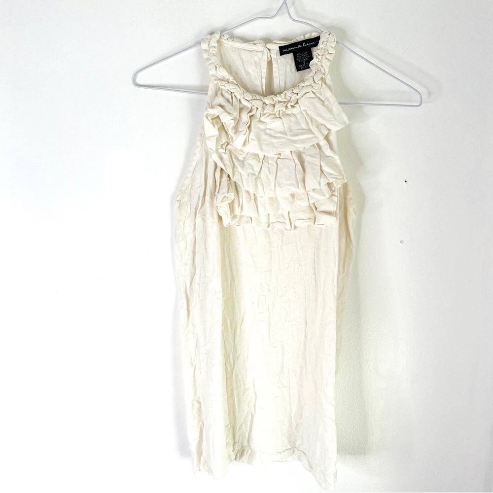 Marina Luna Ivory White Linen Blend Ruffle Sleeveless Blouse Layered Keyhole Top